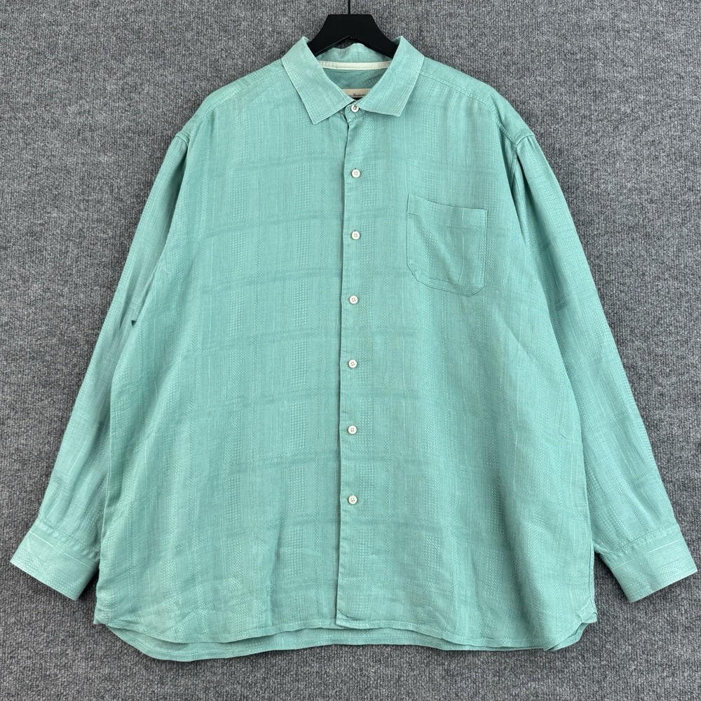 Tommy Bahama Linen Button Up Shirt Mens XXL Green Textured Beach Long Sleeve